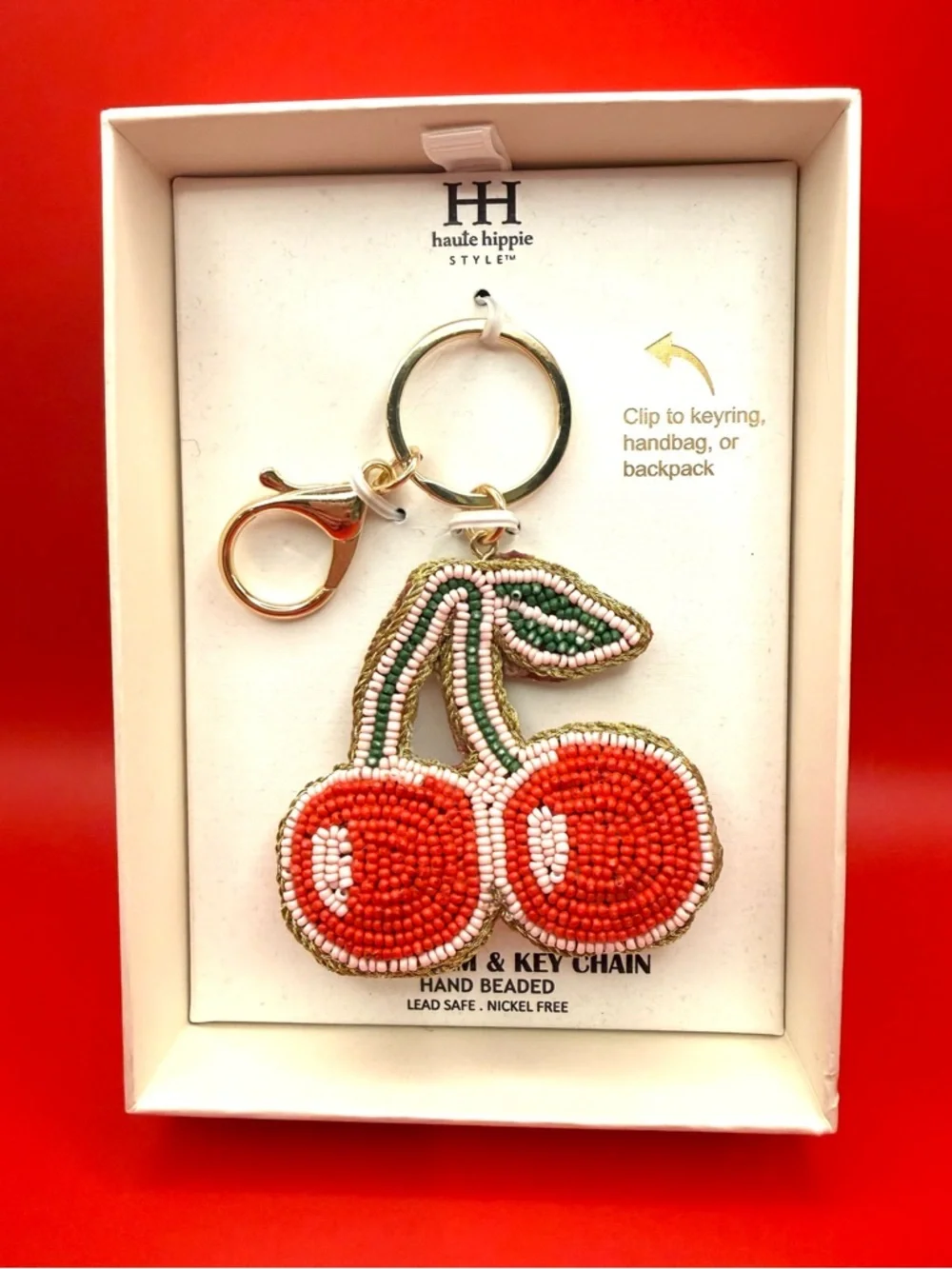 Haute Hippie Viral Red Beaded Cherry Key & Bag Charm